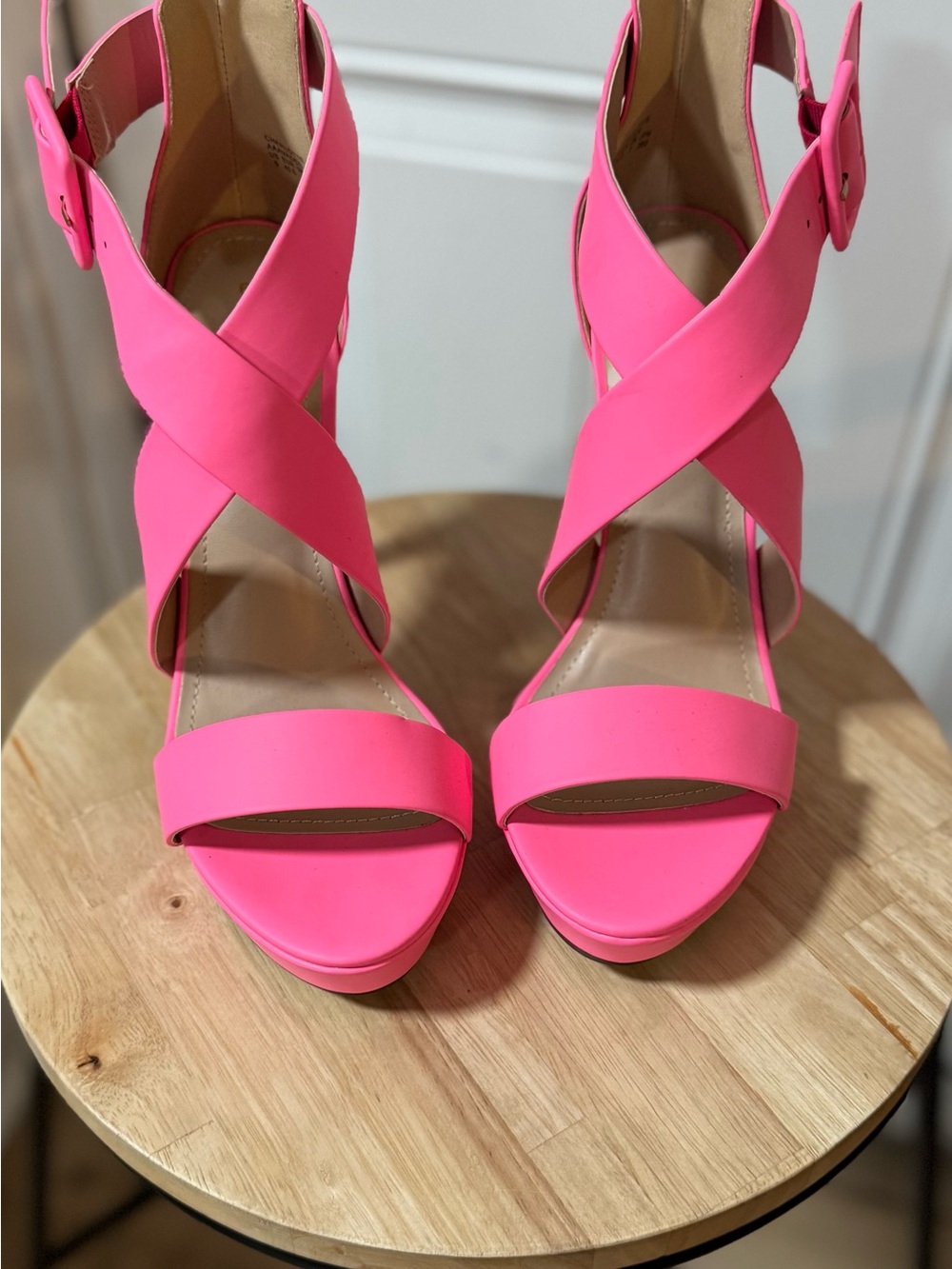 Women's Neon Pink Crisscross Platform Heels with Ankle Buckle